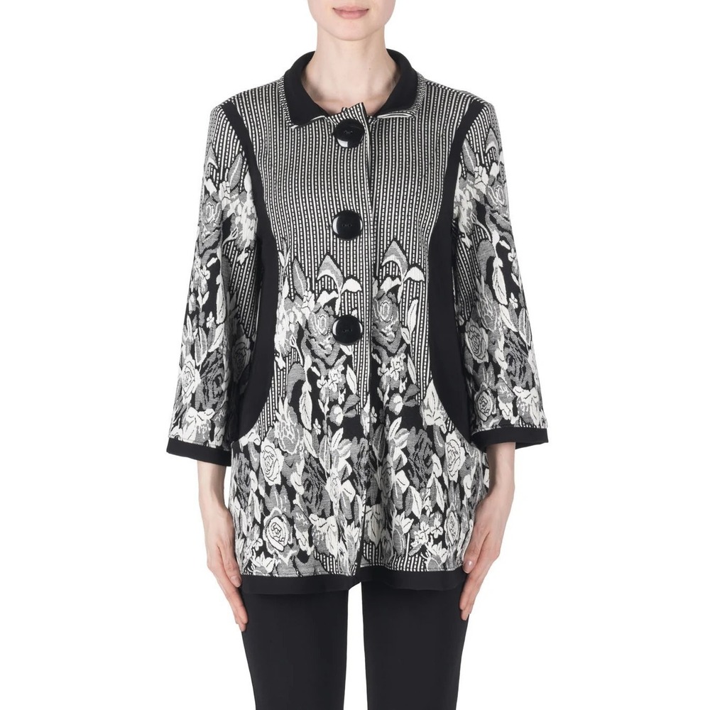 Joseph Ribkoff Black/Off-White Floral Patterned Swing Jacket Old Money Lux Sz 10